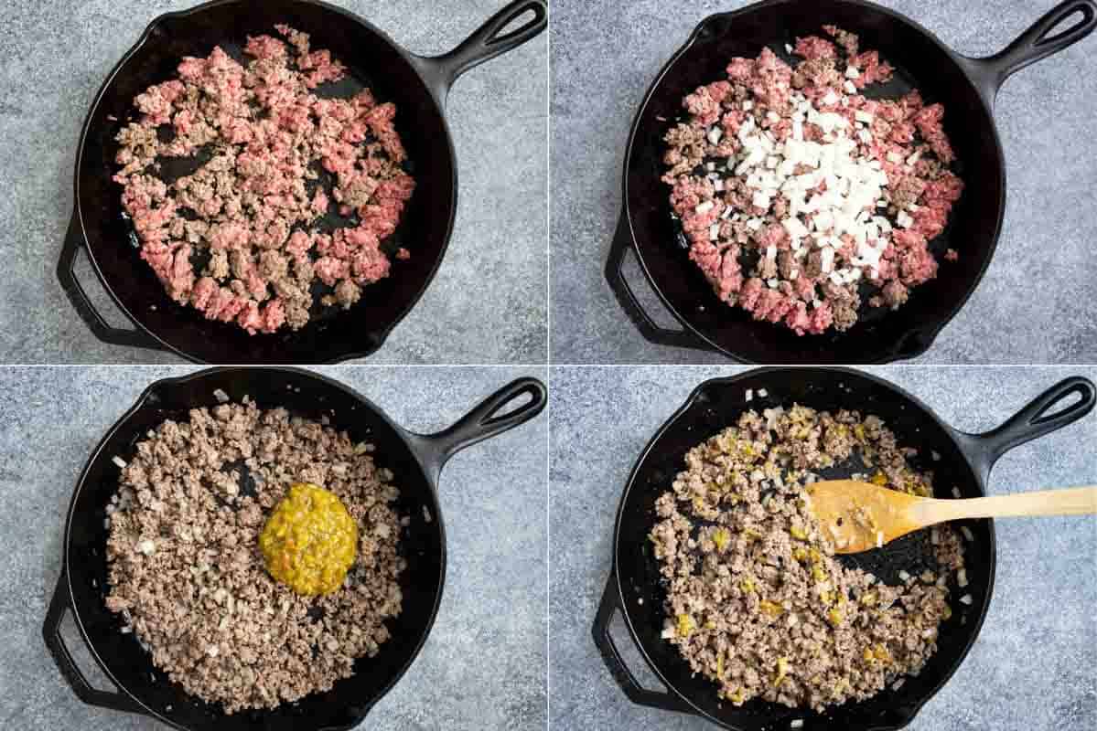 showing steps to make ground beef topping for Navajo tacos