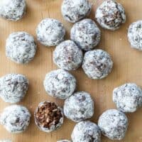 overhead view of No Bake Peanut Butter Oatmeal Balls showing texture of one