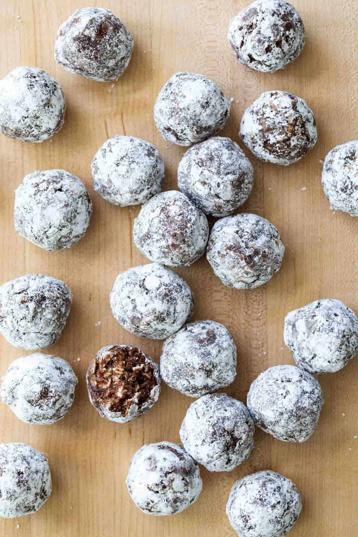 overhead view of No Bake Peanut Butter Oatmeal Balls showing texture of one