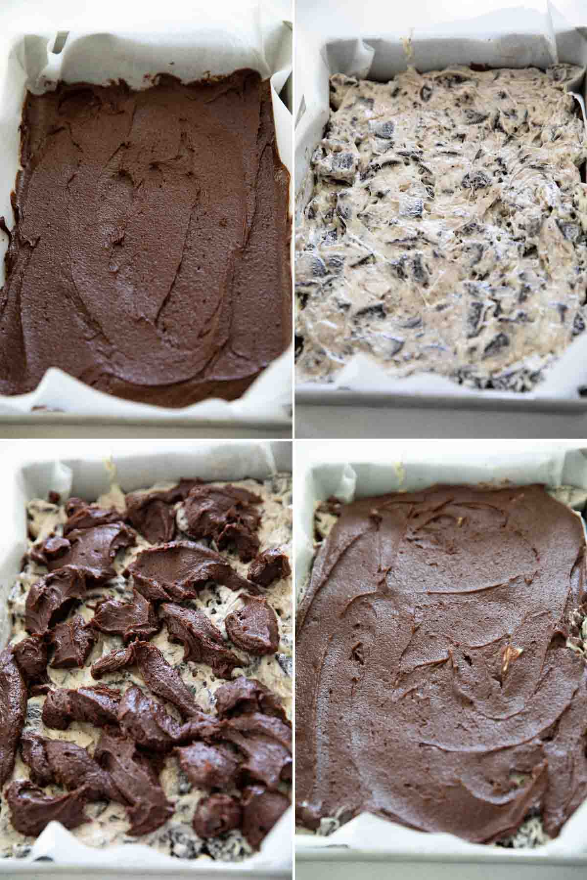layering the brownies with the cookies and cream filling