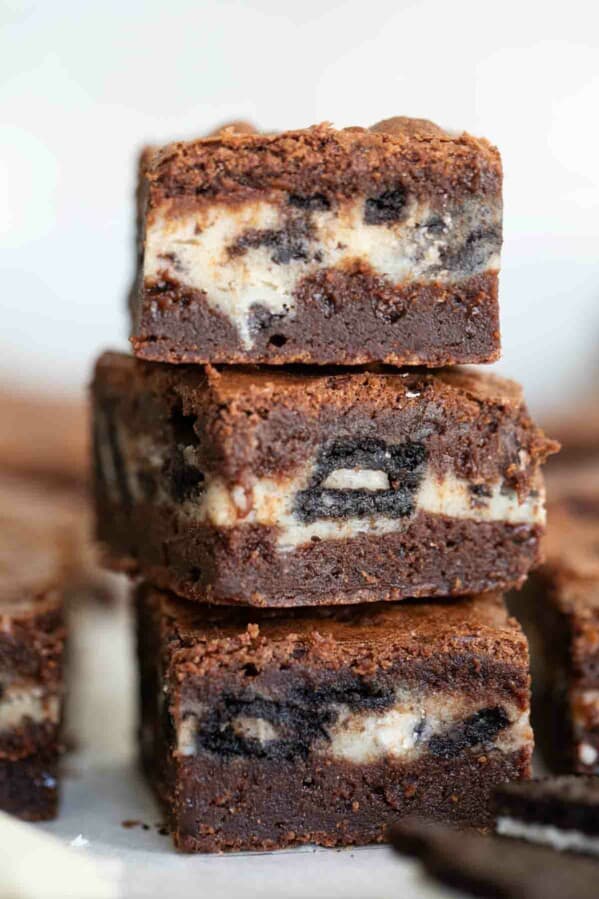 3 Oreo brownies stacked on top of each other