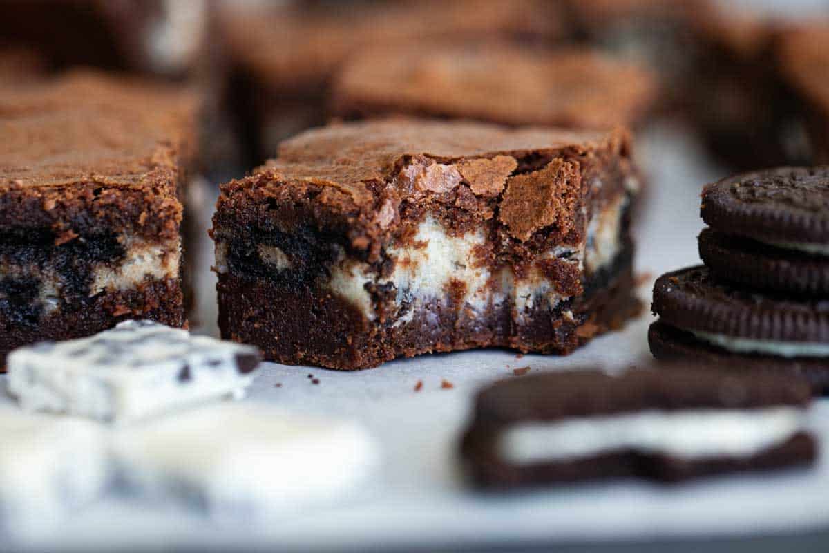 Oreo brownie with a bite taken from it