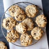 overhead view of banana oatmeal cookies on a cooling rack