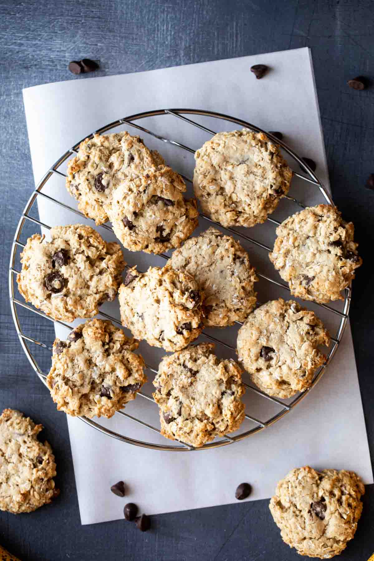 overhead view of banana oatmeal cookies on a cooling rack