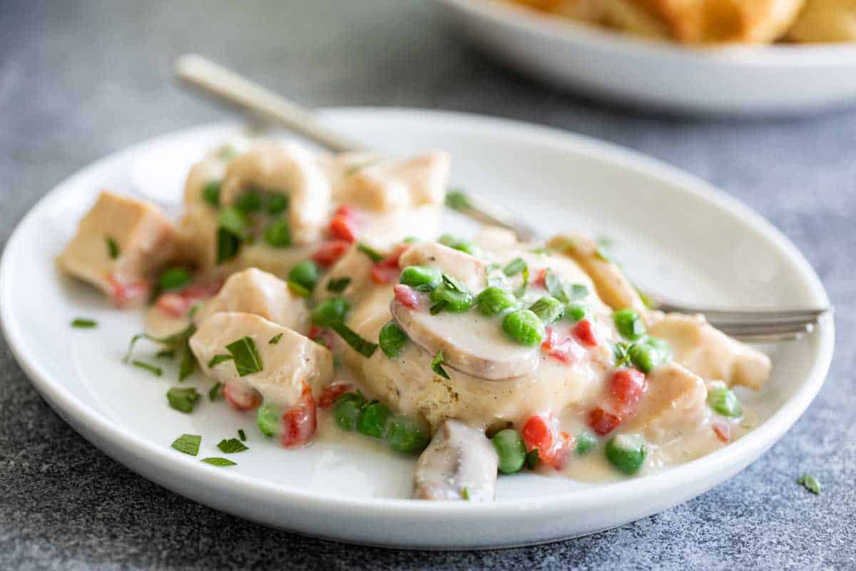 Chicken a la king on a white plate with a fork