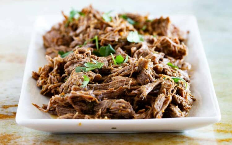 Chipotle Shredded Beef on a white serving plate