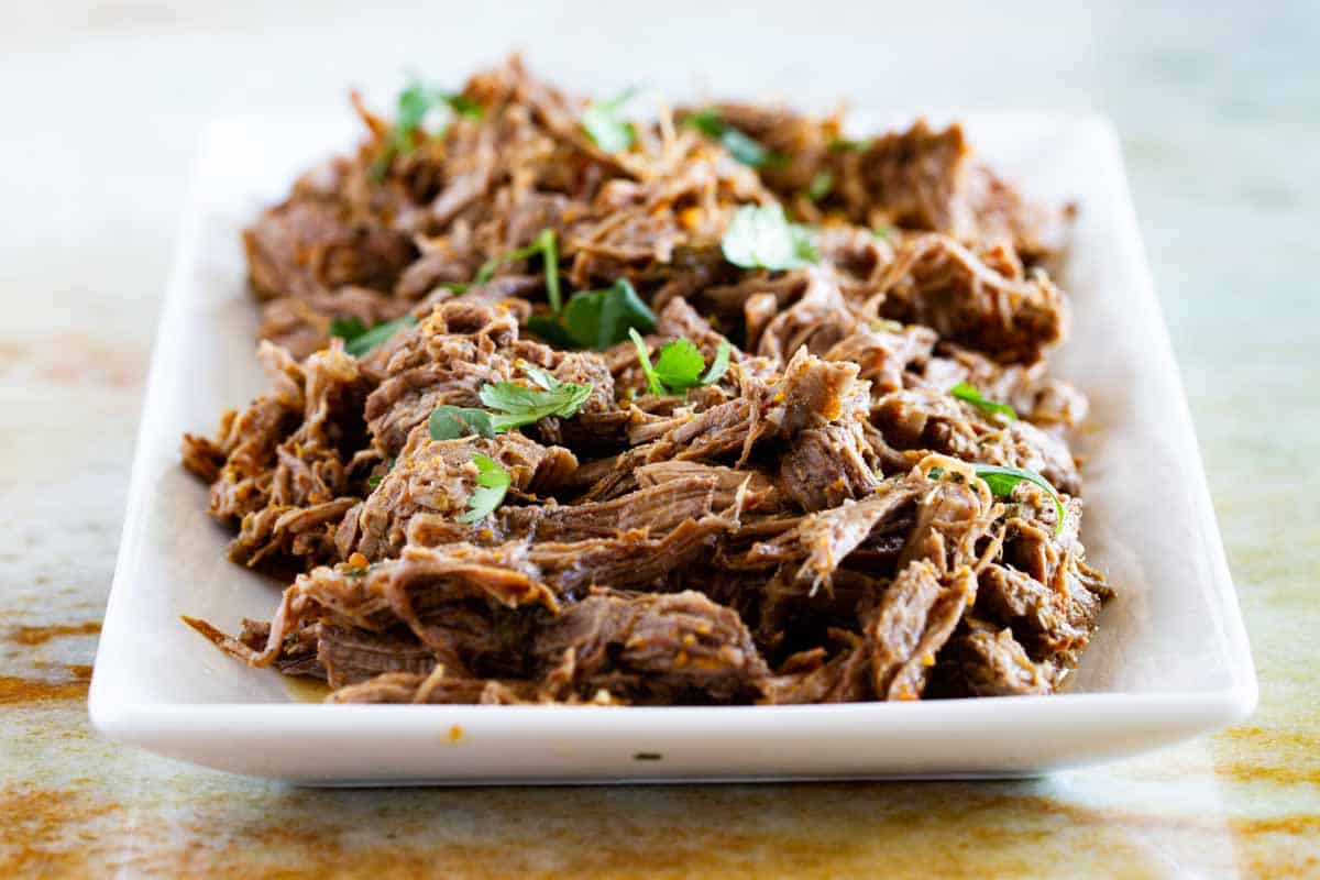 Chipotle Shredded Beef on a white serving plate