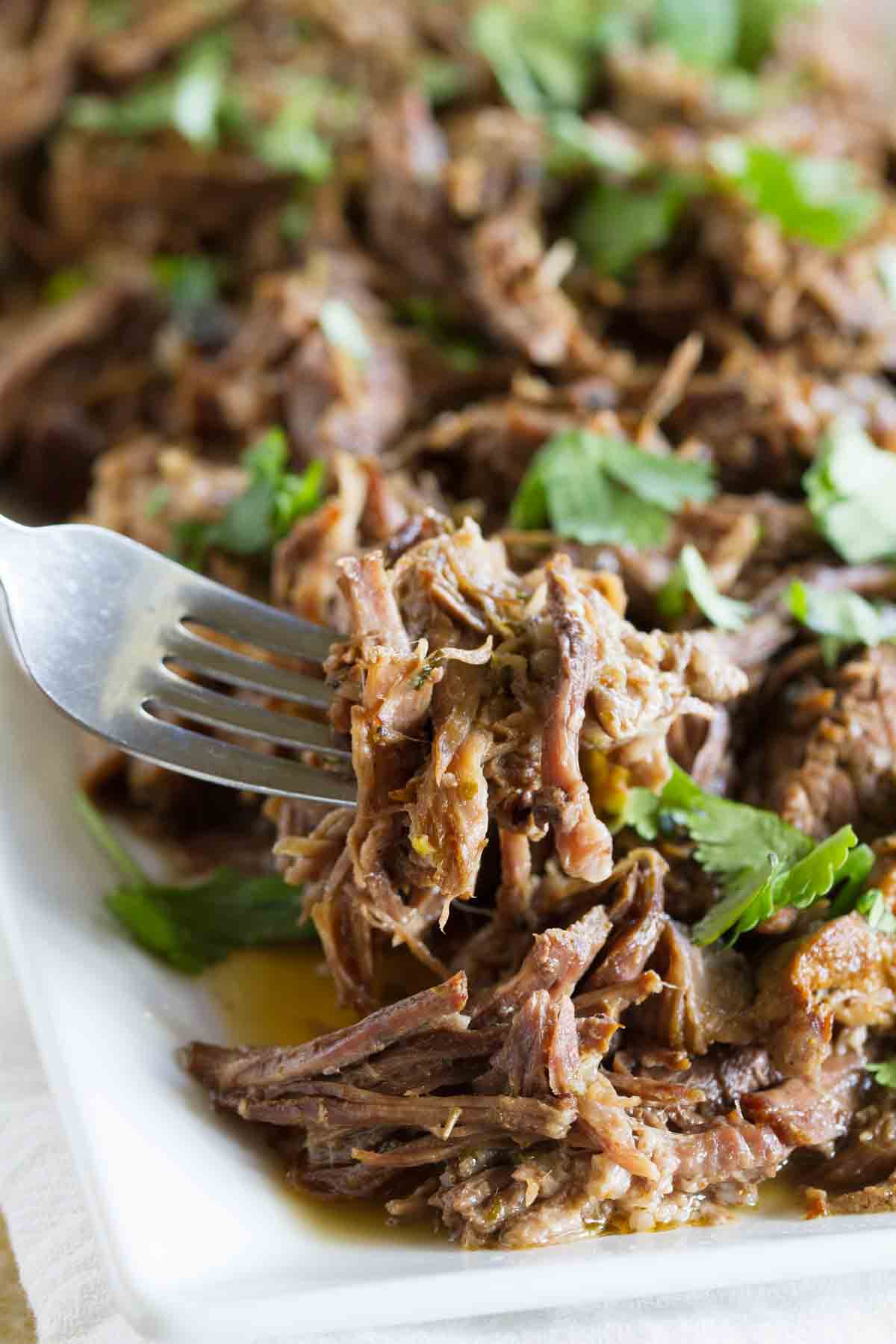 fork full of shredded beef to show texture