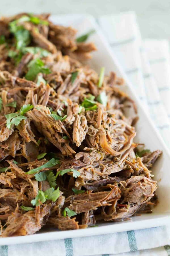 plate full of chipotle shredded beef sprinkled with cilantro