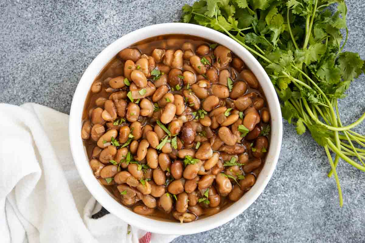 overhead view of a bowl of instant pot pinto beans