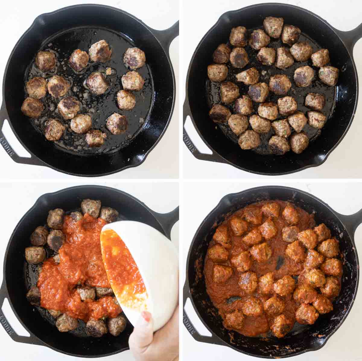 cooking meatballs in a cast iron skillet