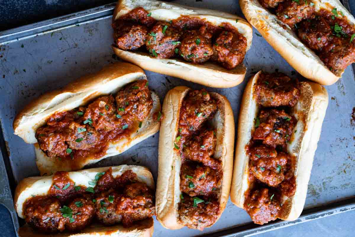 overhead view of meatball sub