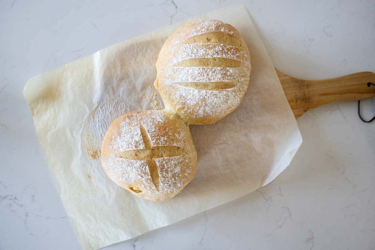 two loaves of artisan bread just out of the oven