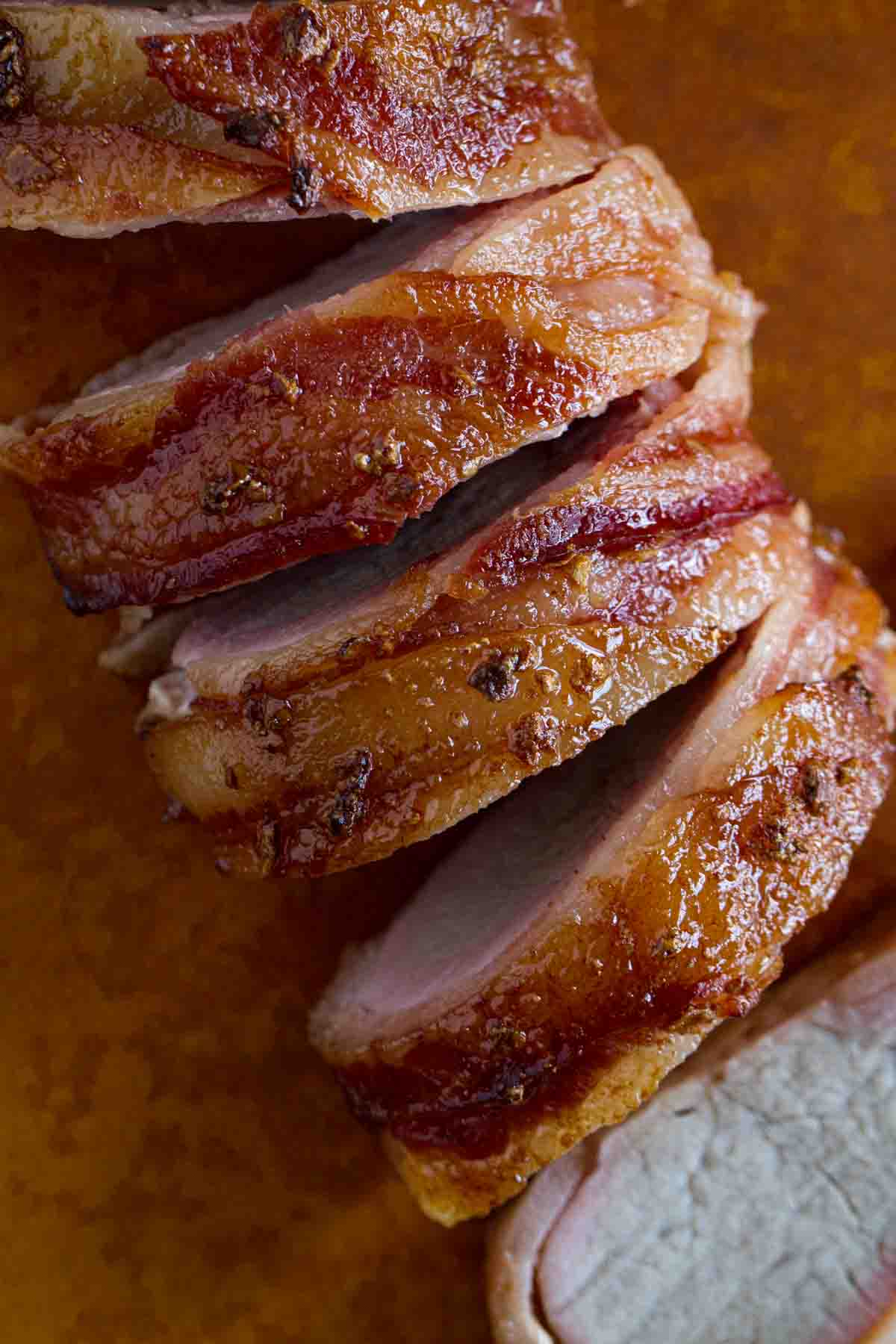 overhead view of bacon wrapped pork tenderloin