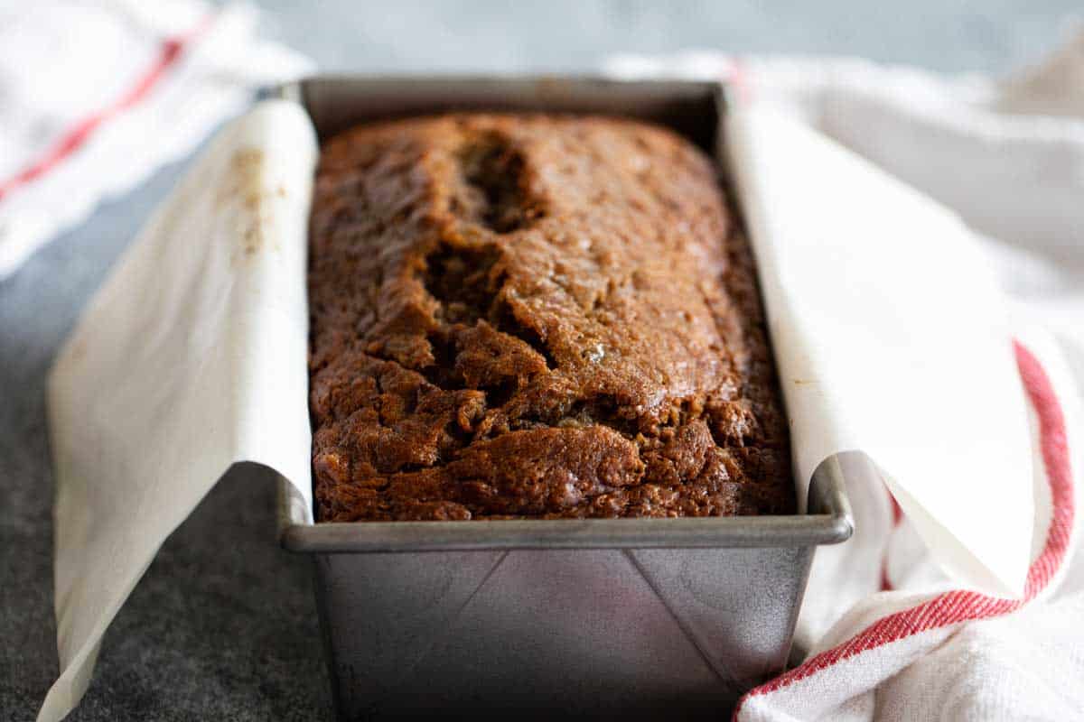 full loaf of banana bread in a loaf pan