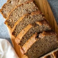 overhead view of sliced banana bread