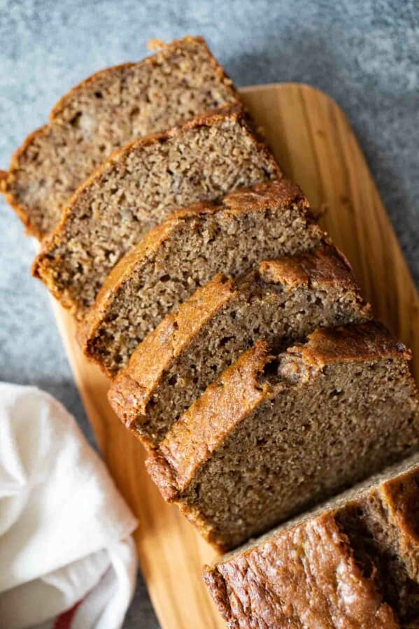 overhead view of sliced banana bread