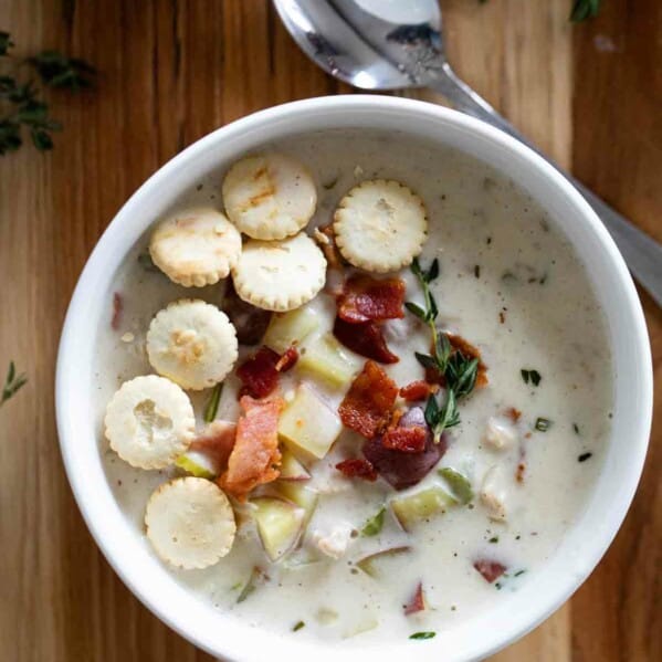 overhead view of bowl of clam chowder