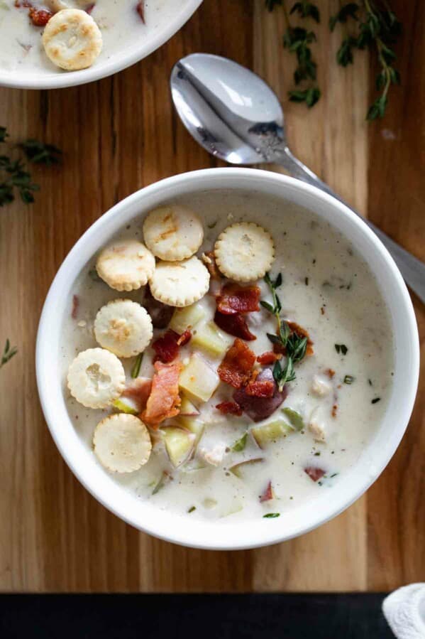 overhead view of bowl of clam chowder