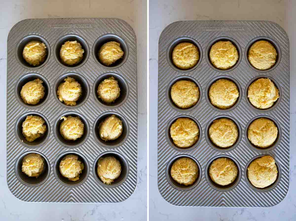 corn muffin recipe before and after baking in a baking tin