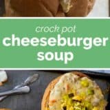 Crock Pot Cheeseburger Soup with text in the middle