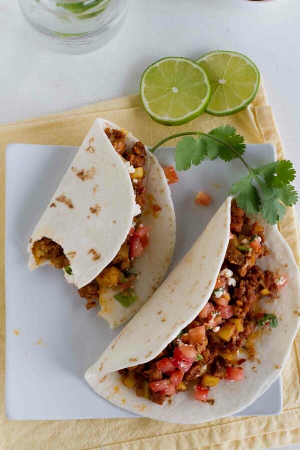 overhead view of 2 Potato Tacos with Sausage