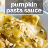 Ravioli with Pumpkin Pasta Sauce with text overlay