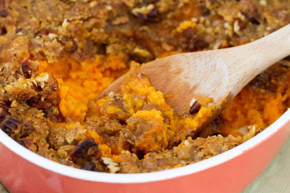 casserole dish with sweet potato casserole