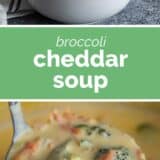 Broccoli Cheddar Soup with text bar in the middle