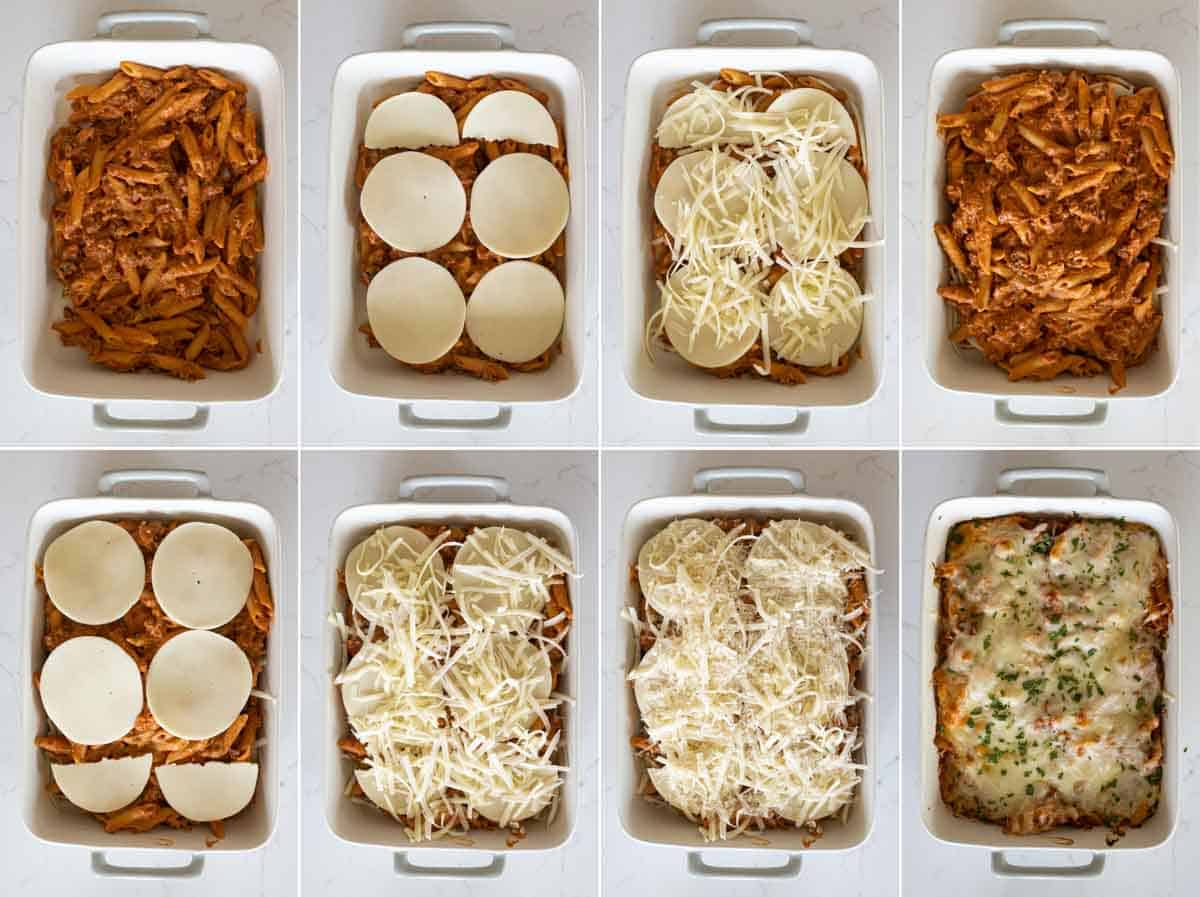 assembling the pasta bake