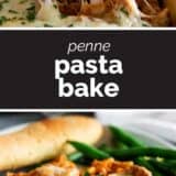 Penne Pasta Bake with text bar in the middle