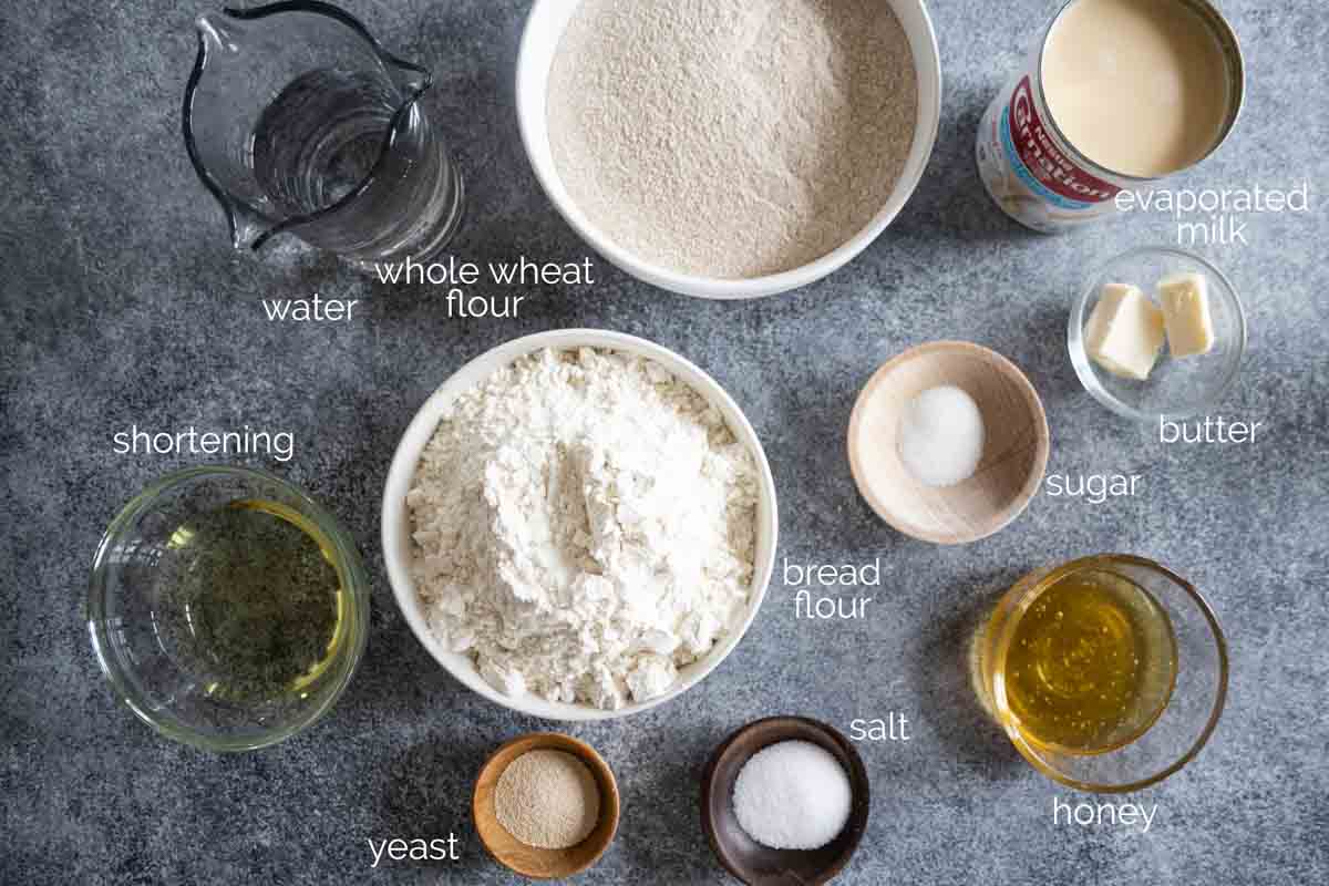 ingredients needed to make whole wheat rolls