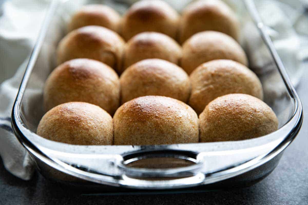 pan of baked whole wheat rolls