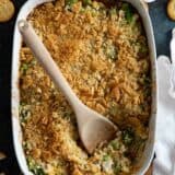 overhead view of casserole dish of chicken divan