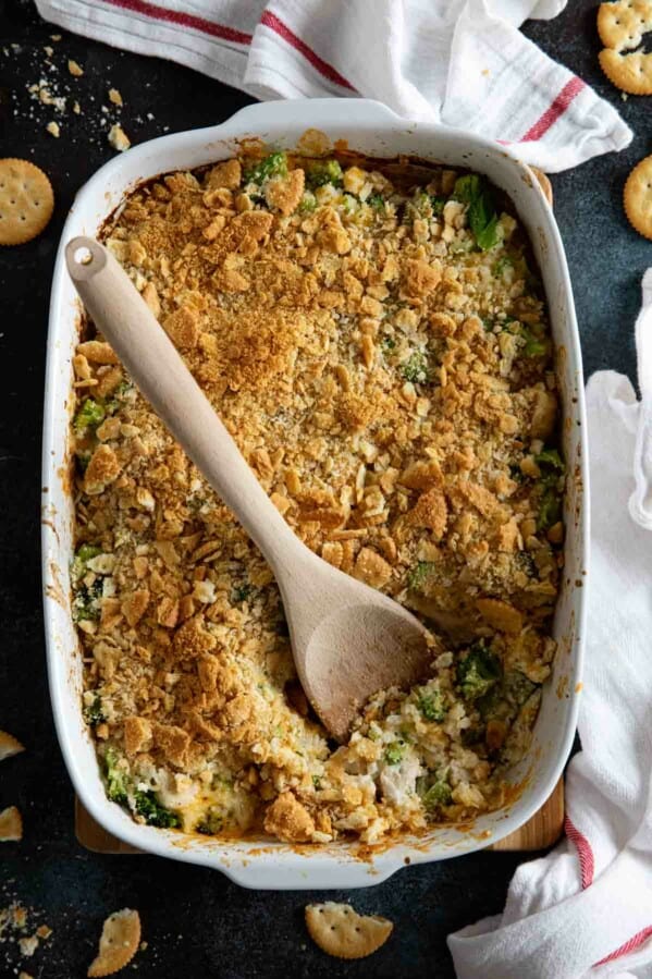 overhead view of casserole dish of chicken divan