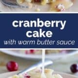 Cranberry Cake with Warm Butter Sauce collage with text bar in the center