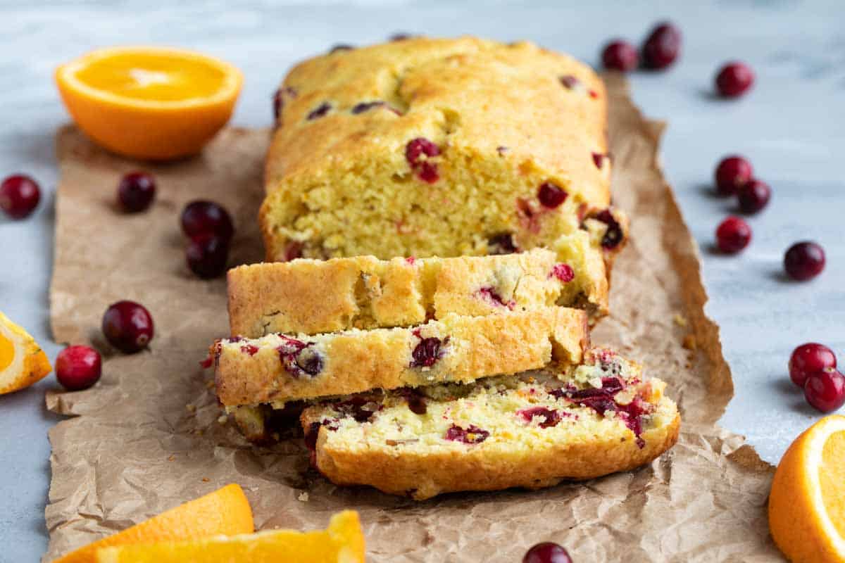 loaf of sliced cranberry orange bread