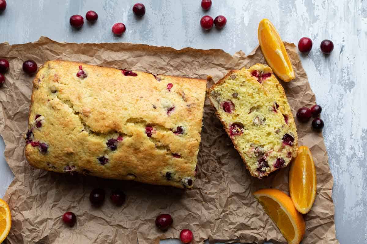 sliced loaf of cranberry orange bread