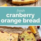 cranberry orange bread with text bar in the middle