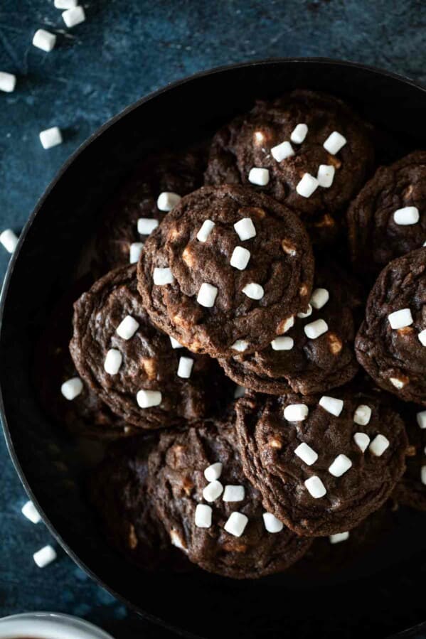 overhead view of stacked hot cocoa cookies