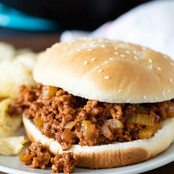 close up of sloppy joe with filling overflowing