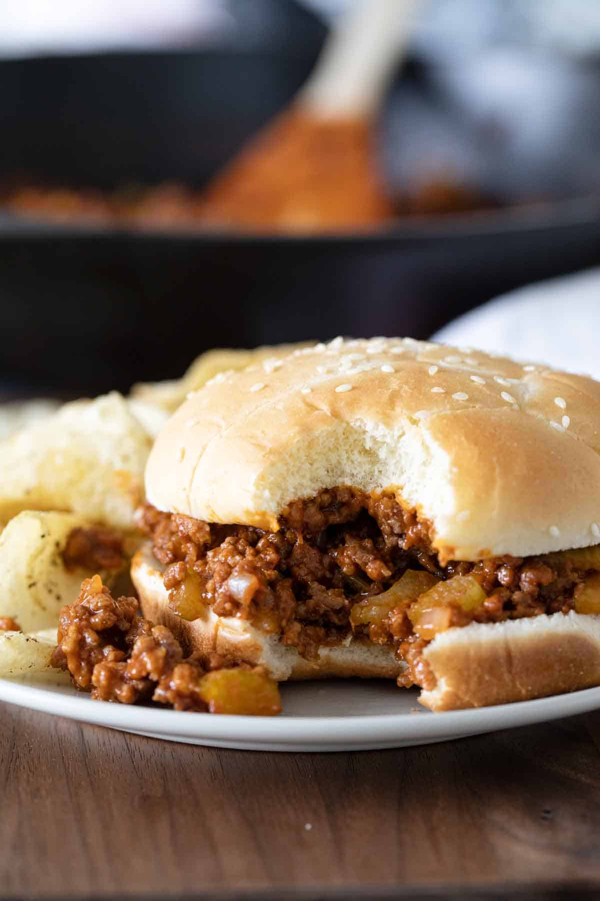 sloppy joe with bite taken from it