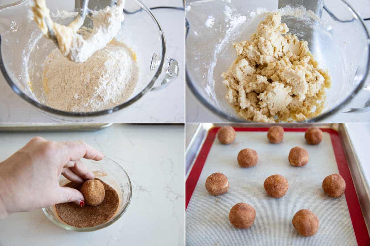 making dough and rolling cookies in cinnamon sugar