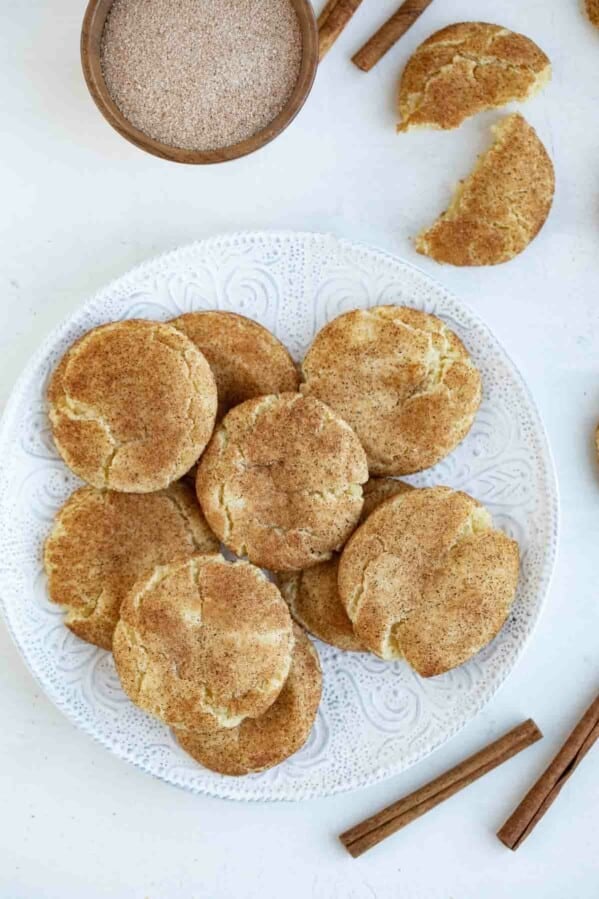 overhead view of plate of snickerdoodle cookies