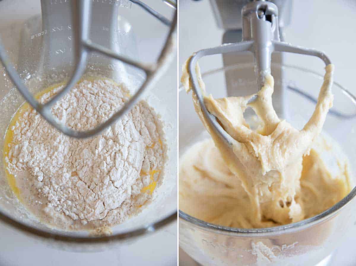 adding flour to bread dough