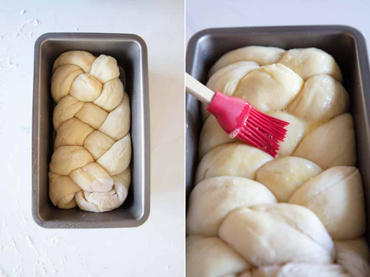 loaf of braided brioche in a baking pan