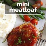 Cheesy Mini Meatloaf with text overlay.