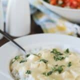 Cheesy Sour Cream Chicken served over rice and topped with basil.