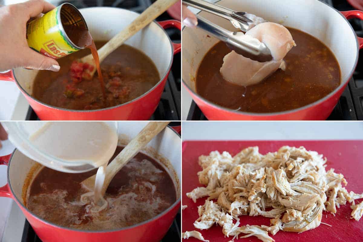 adding enchilada sauce and cooking chicken in a soup pot