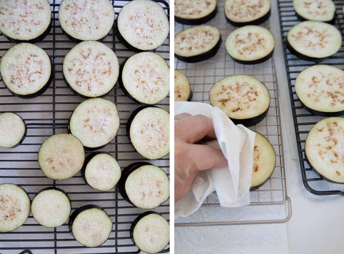 photos showing sliced eggplant on a drying rack.